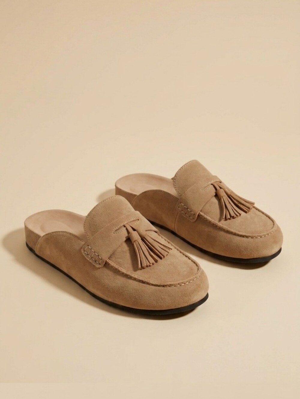New Casual Luxury Suede Slip-On Mule Loafers with Tassels - Neutral Tan Size 7